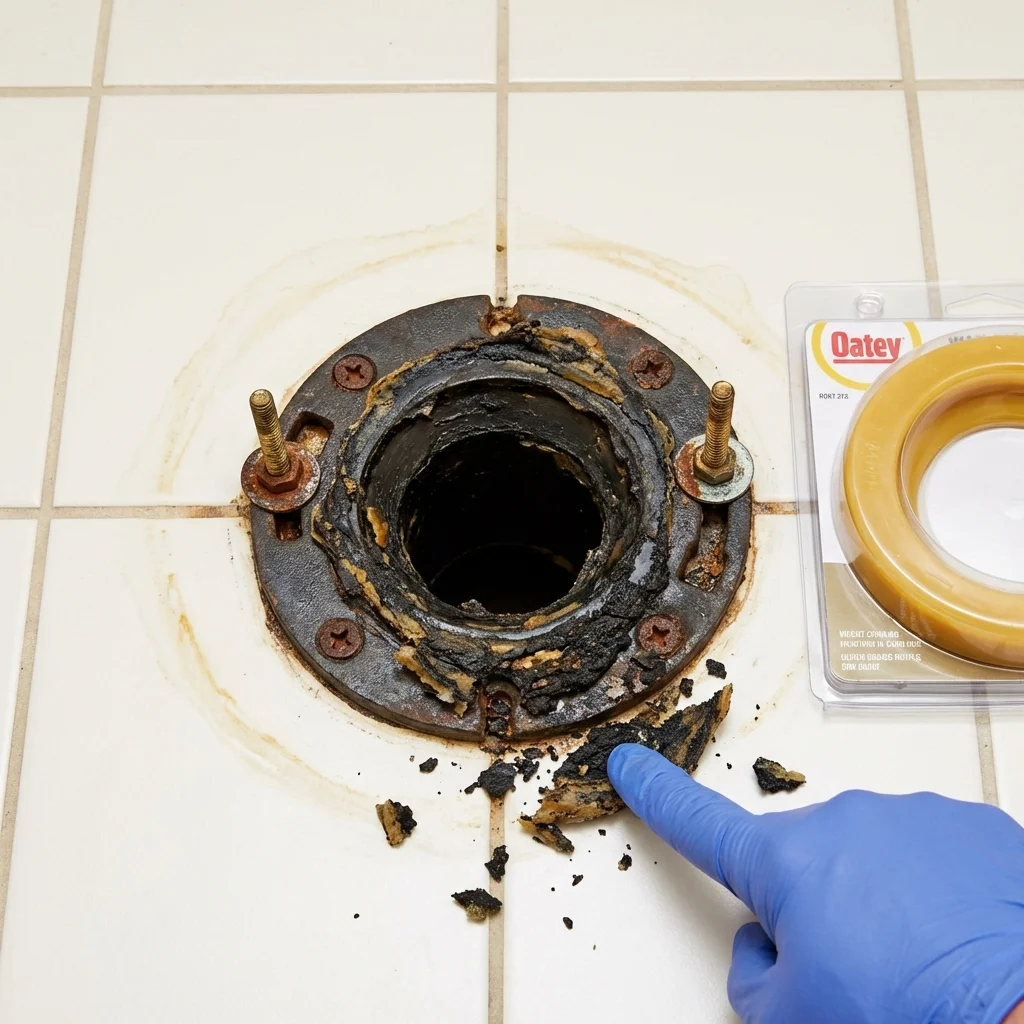 Failed wax ring showing water seepage at the base of a toilet in a Lakeland, MN home