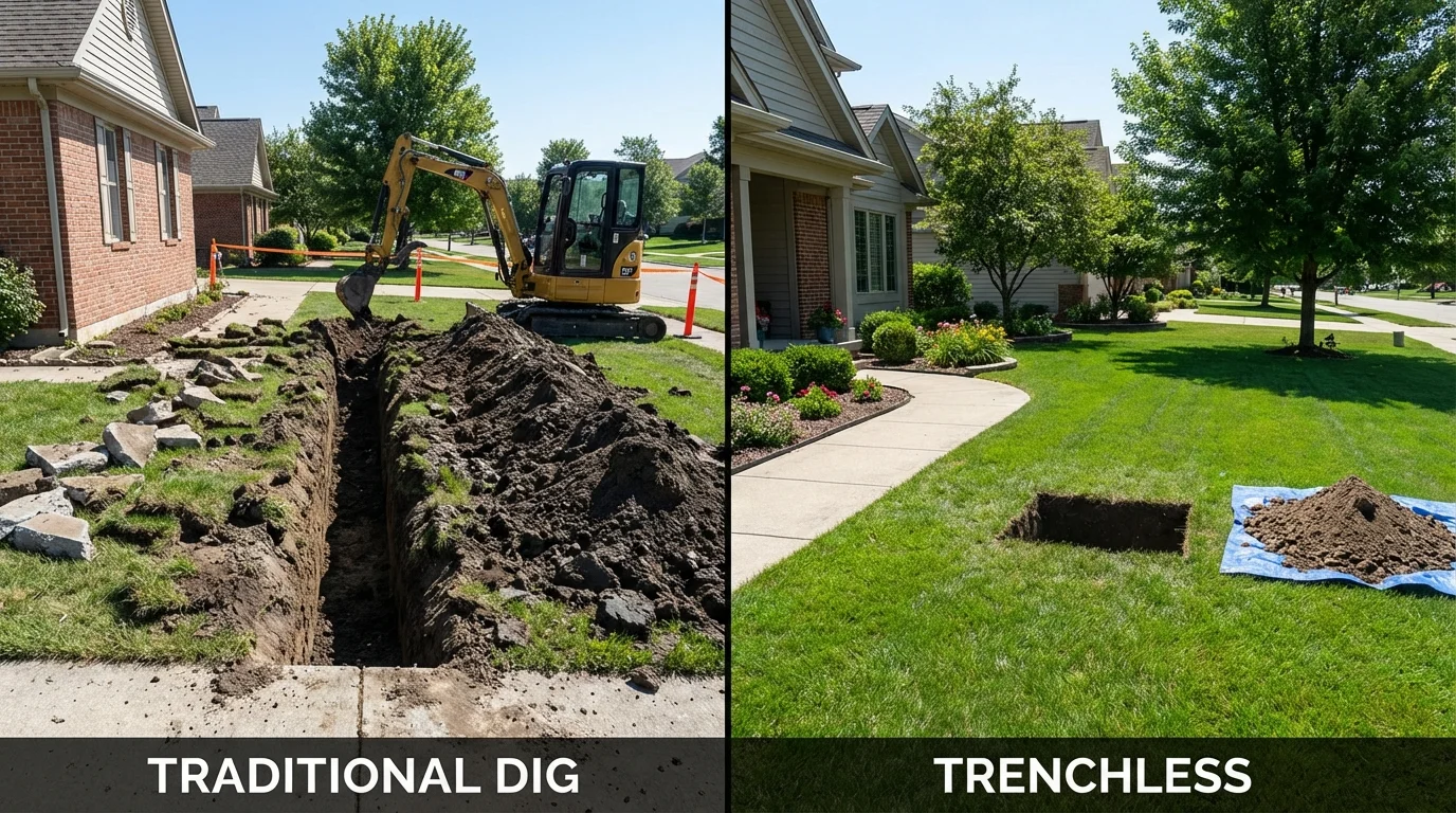Trenchless sewer repair with minimal yard damage versus traditional excavation in Lakeland, MN