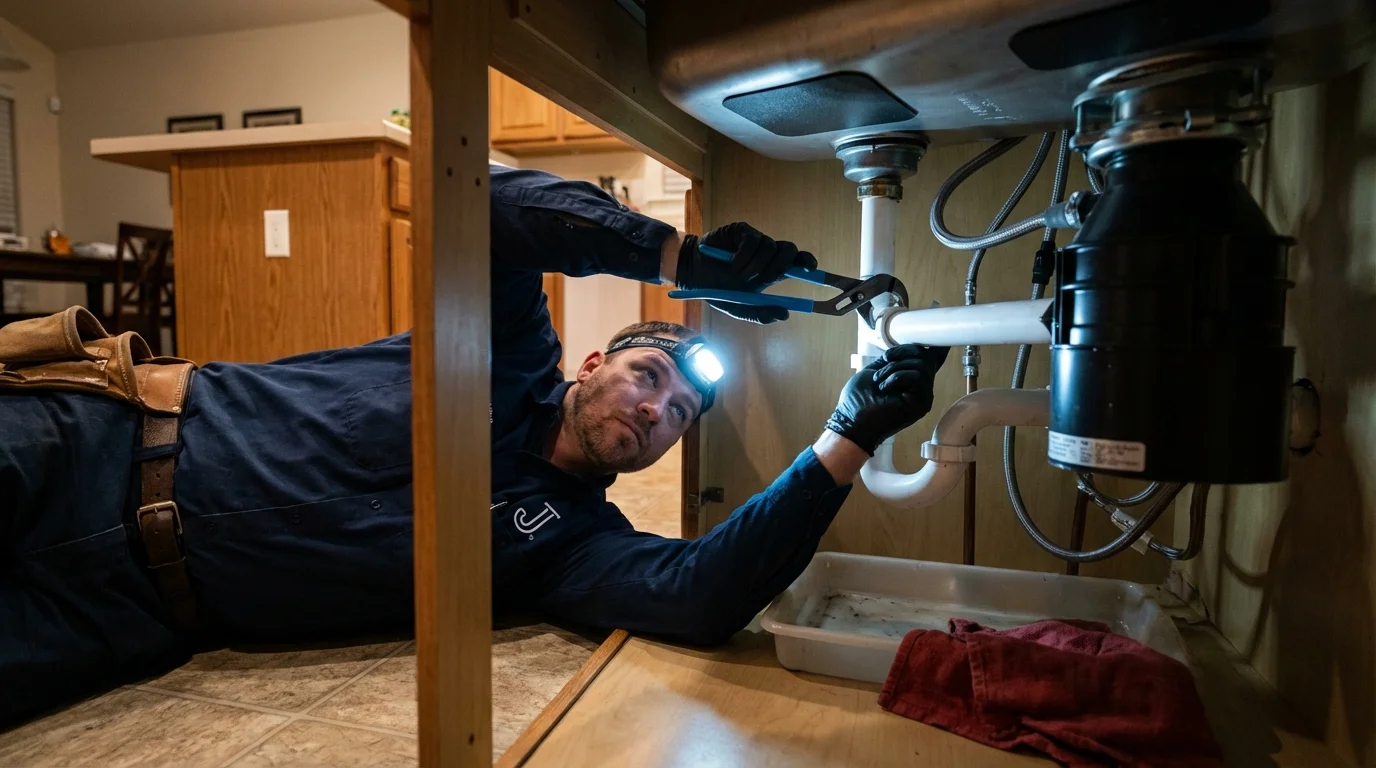 P-trap and supply line connections under a kitchen sink showing a common leak point in Lakeland, MN